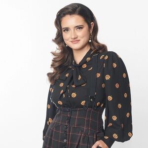 UNIQUE VINTAGE Jack-O Lantern Pumpkin Black Blouse